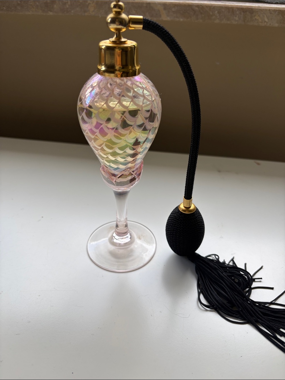 Vintage Iridescent Pink Glass Perfume Atomizer with Black Bulb